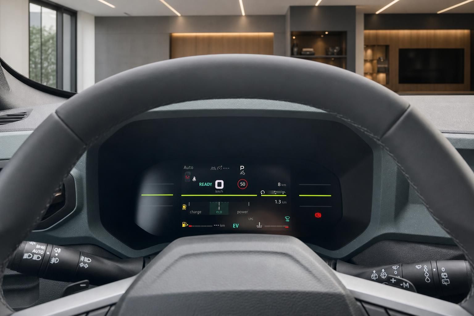 Digitales Kombiinstrument mit Lenkrad im Fahrzeuginnenraum