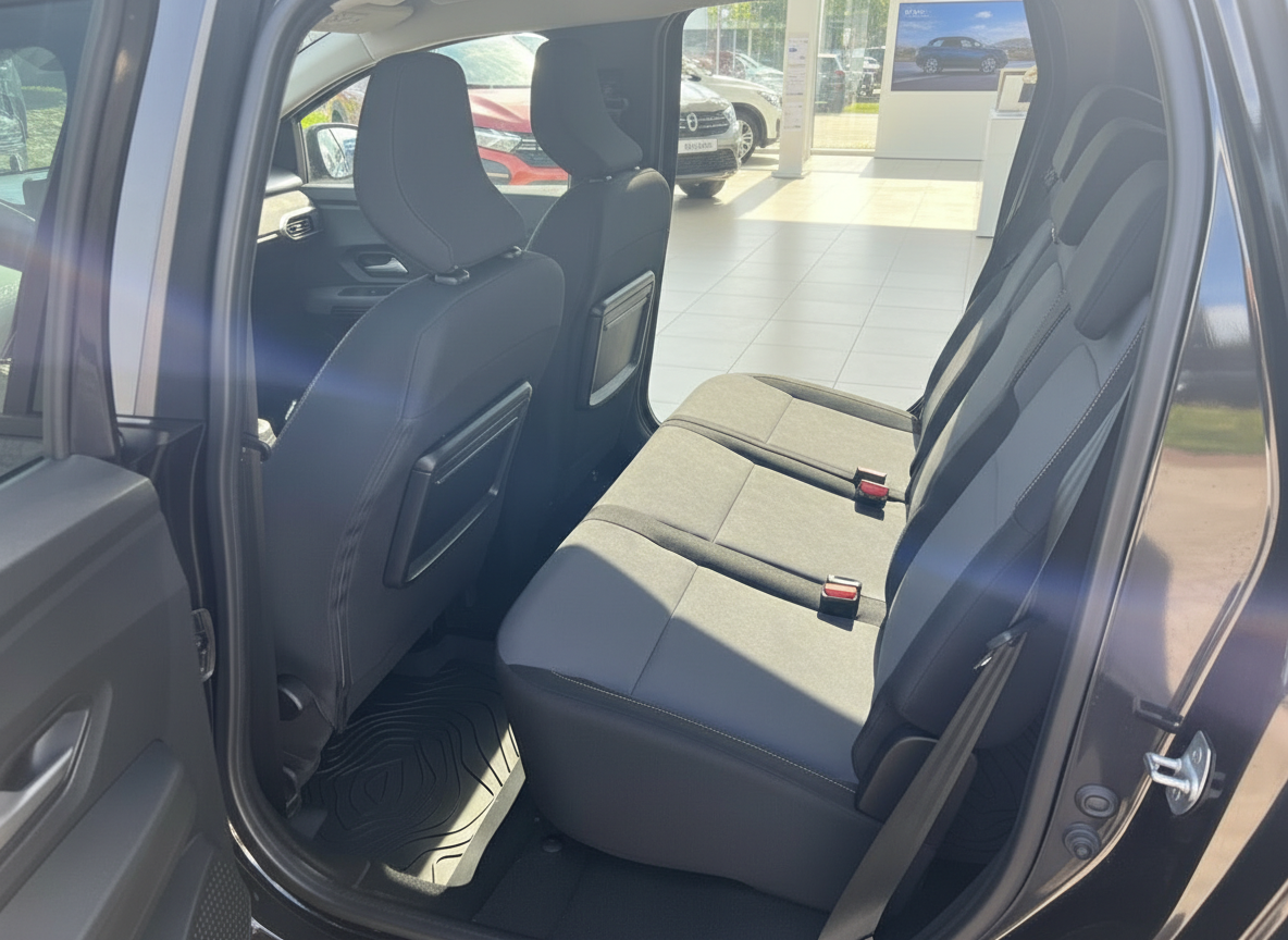 Renault Duster Innenraum Rücksitzbank in Grau-Schwarz mit Sicherheitsgurten im Autohaus