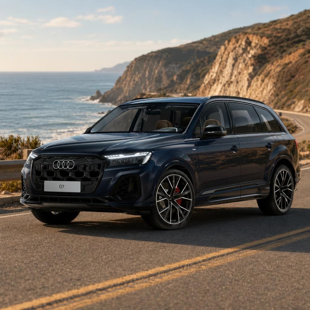 Audi Q7 SUV in dunkelblau, Seitenansicht vor malerischer Küstenlandschaft mit Meeresblick
