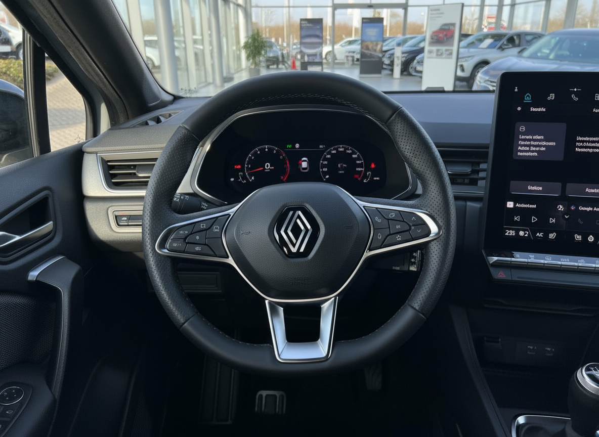 Renault Innenraum mit Lenkrad, digitalem Cockpit und Infotainment-Touchscreen im Autohaus