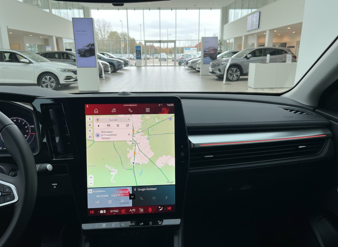 Volkswagen Innenraum mit Infotainment-Display und Google Maps Navigation im Autohaus