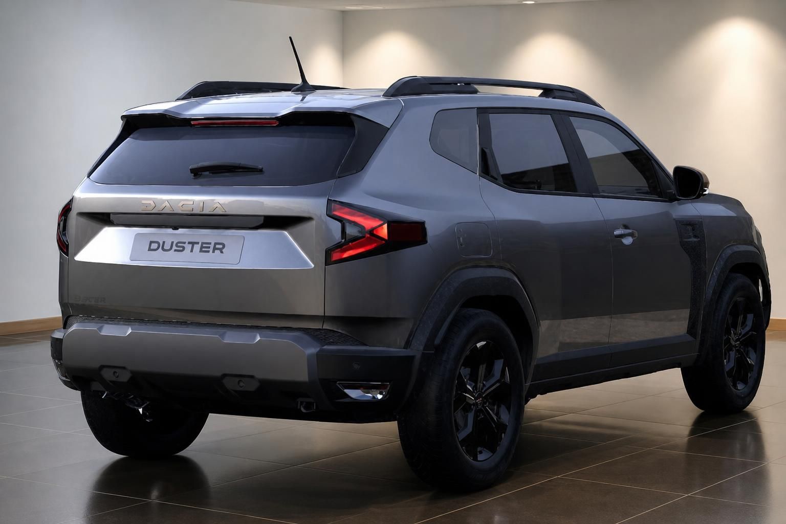 Dacia Duster SUV grau - Heckansicht mit modernem Design und schwarzen Felgen