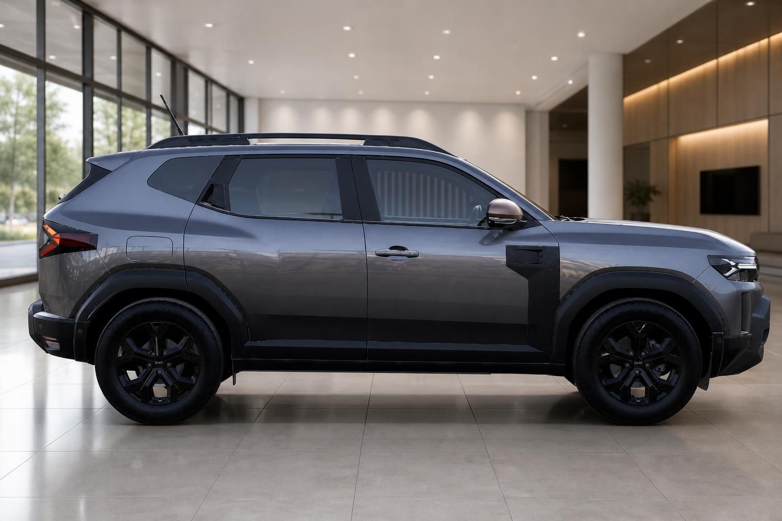 Dacia Duster SUV grau metallic Seitenansicht im Autohaus Showroom