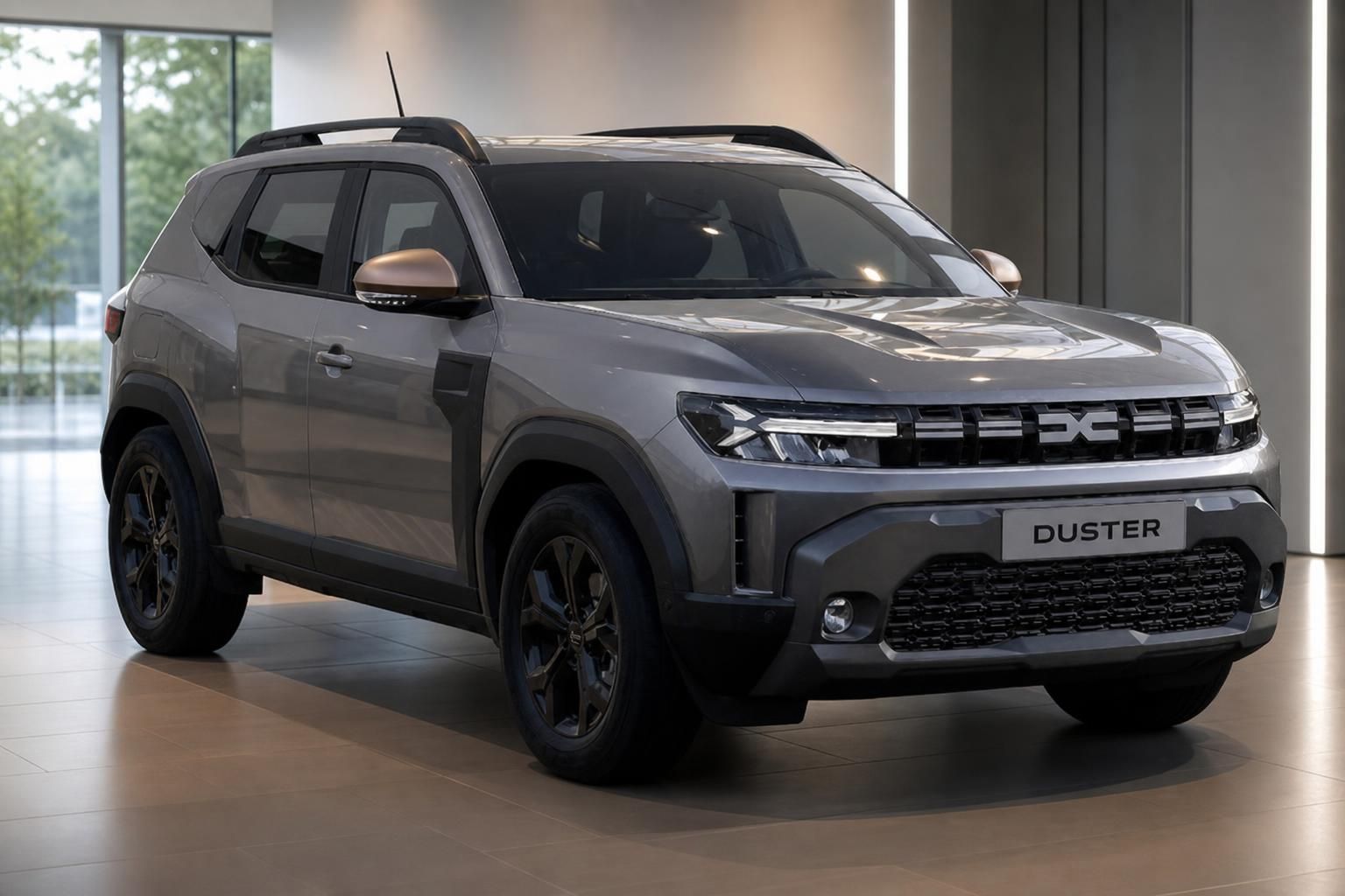 Dacia Duster SUV grau metallic Frontansicht im Showroom