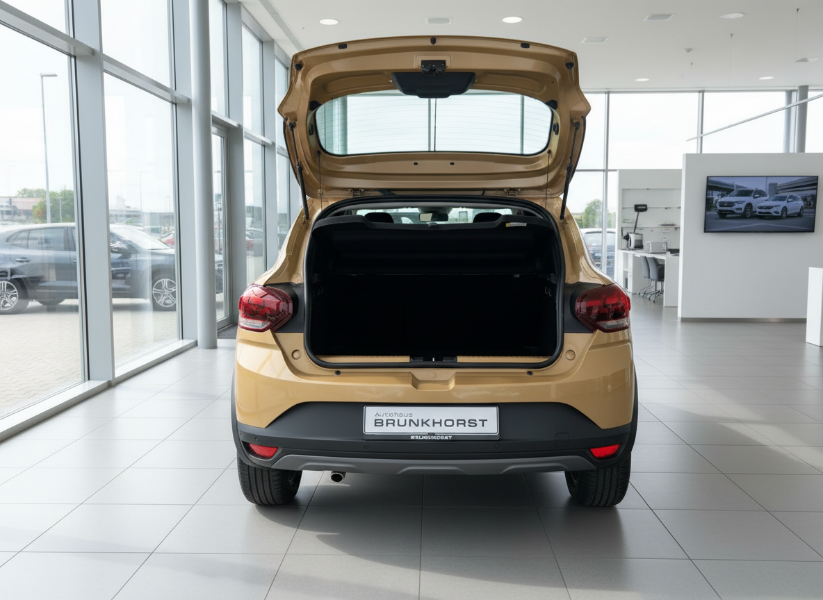 Dacia Sandero Stepway in Gold-Beige mit geöffnetem Kofferraum im Autohaus Brunkhorst