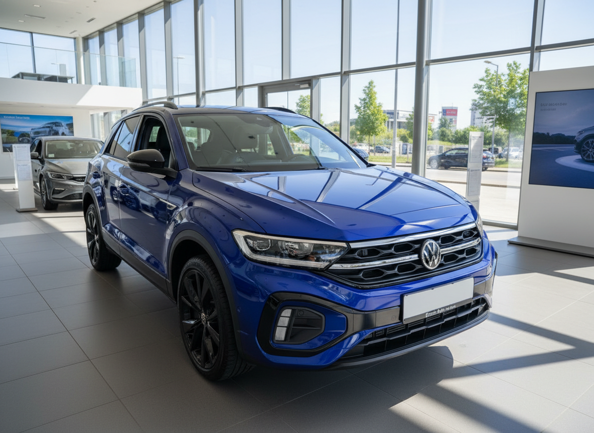 Blauer Volkswagen T-Roc R-Line SUV im VW-Autohaus Showroom Frontansicht