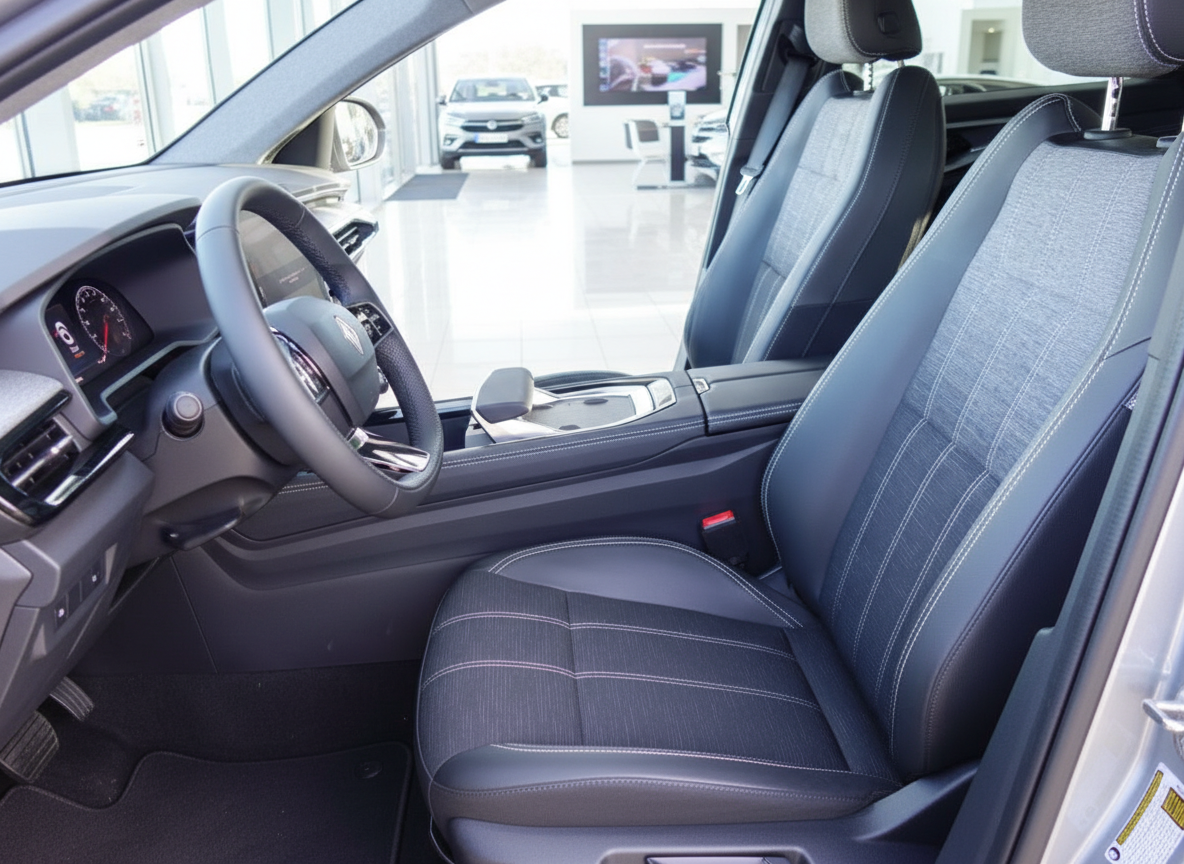 Volkswagen Fahrzeug Innenraum mit schwarzen Stoffsitzen und Lenkrad im Autohaus