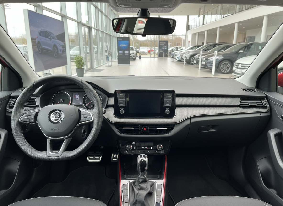 Škoda Innenraum mit schwarzem Lenkrad, Touchscreen-Infotainment und Automatikgetriebe im Autohaus