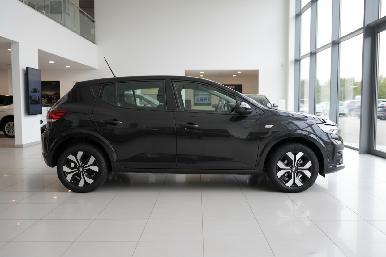 Schwarzer Dacia Sandero Hatchback in modernem Autohaus – Seitenansicht