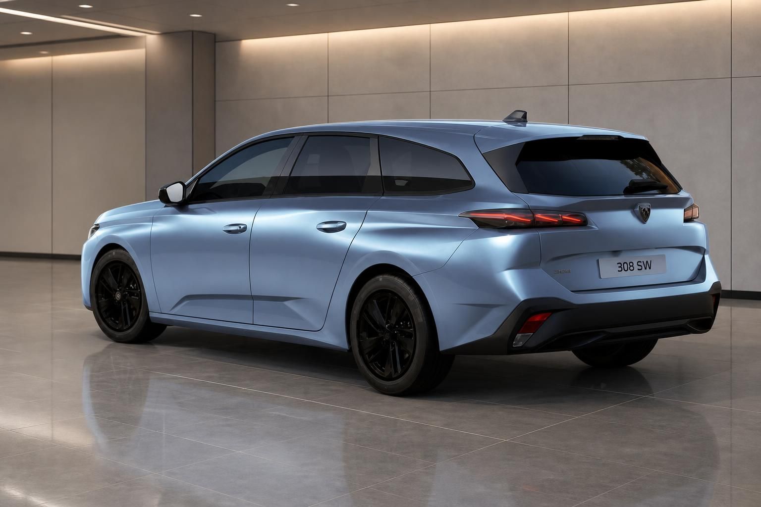 Peugeot 308 SW in Blau, Heckansicht schräg im Showroom
