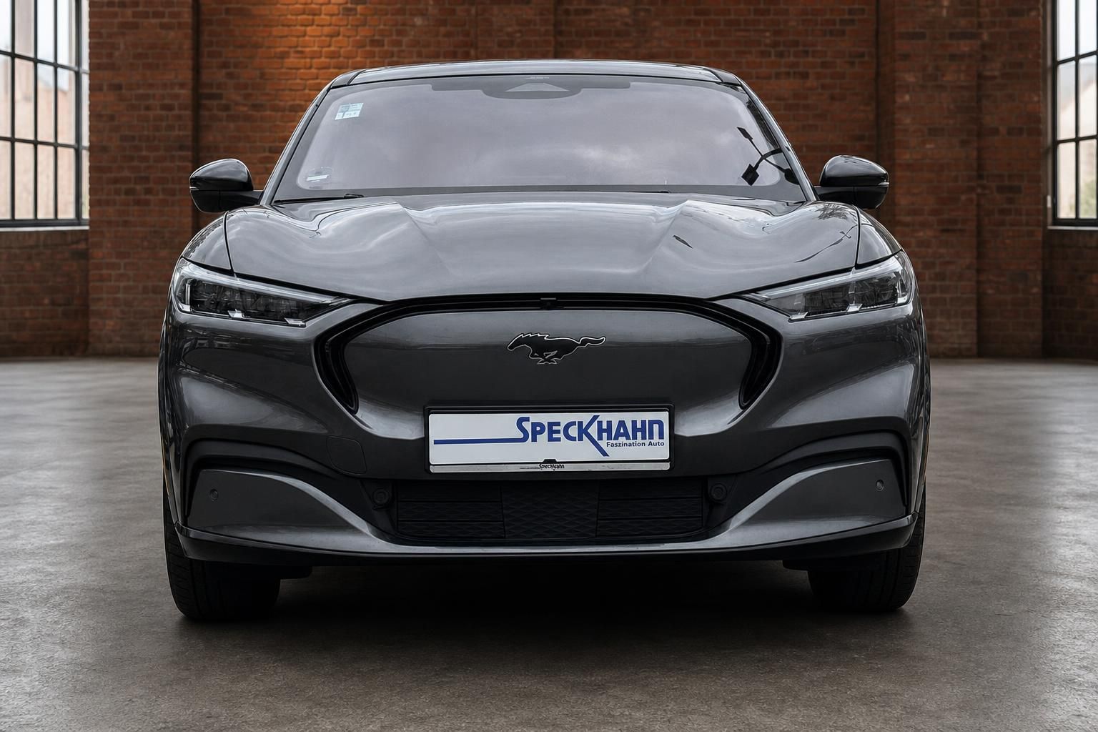 Ford Mustang Mach-E in Grau, Frontansicht mit Pony-Logo