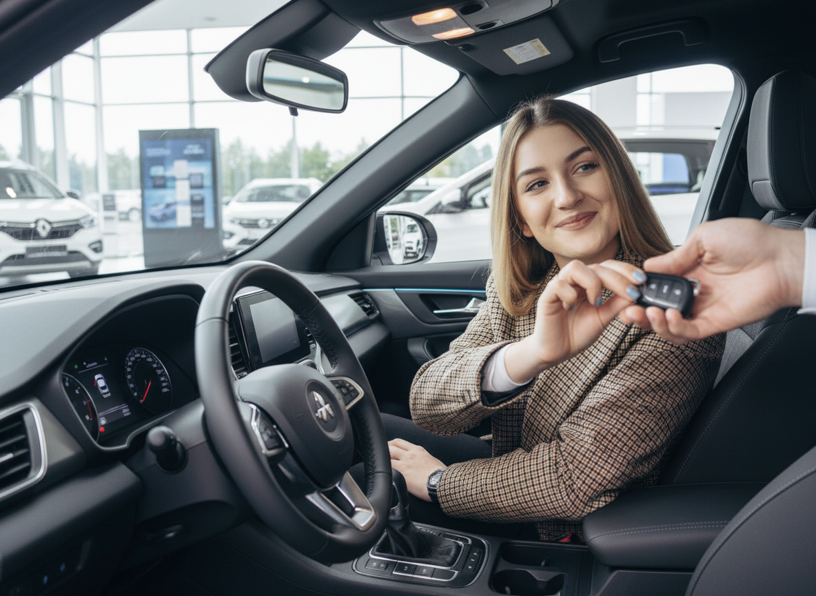 Frau sitzt im Fahrzeuginnenraum eines Renault und erhält Autoschlüssel beim Autokauf im Autohaus