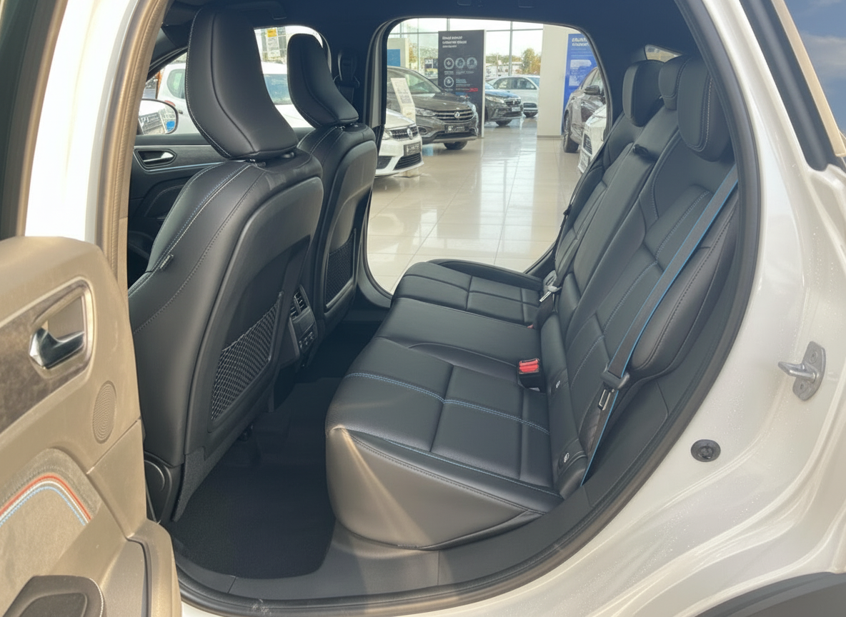 SUV Innenraum Rücksitzbank schwarzes Leder mit blauer Ziersteppung im Autohaus