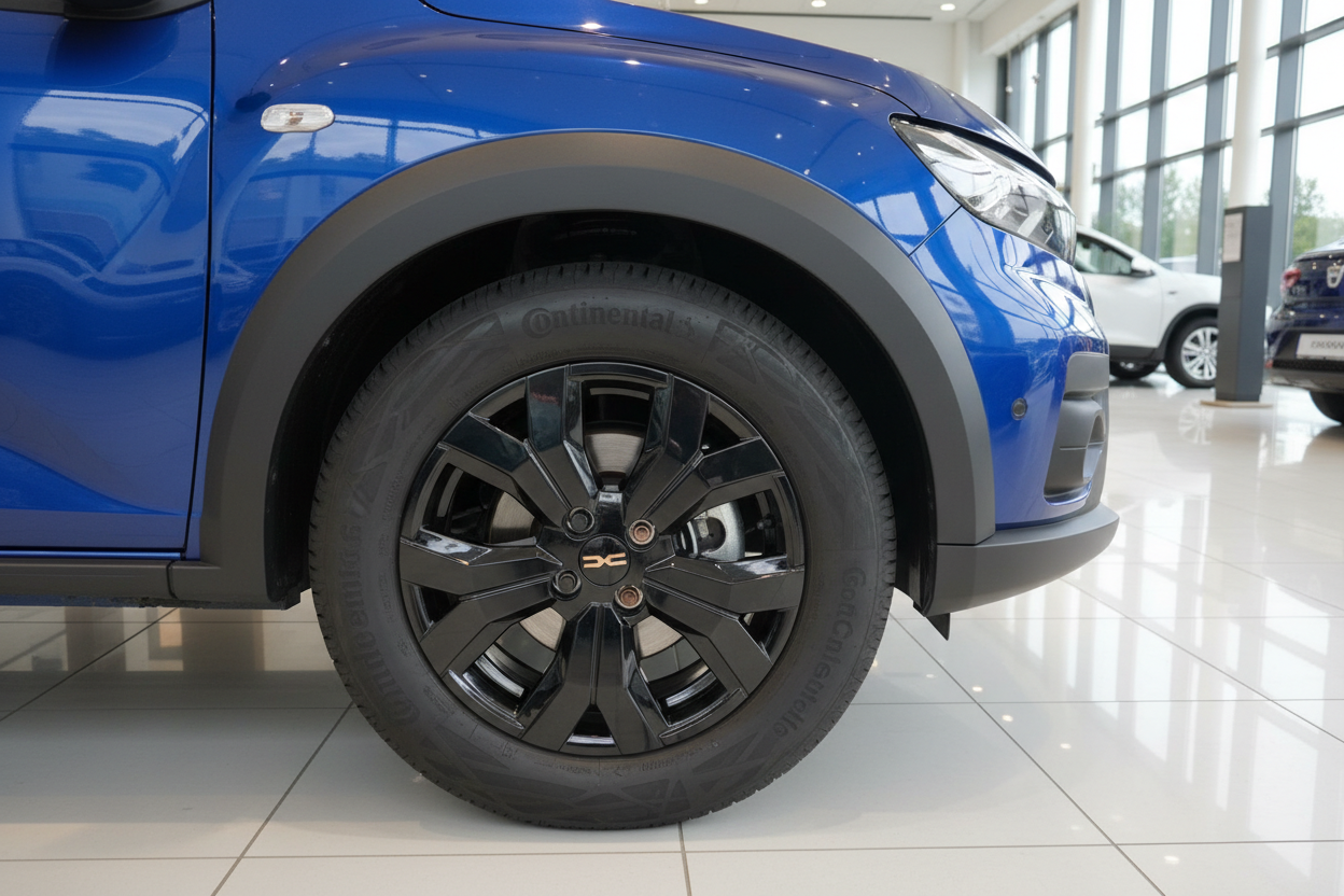 Dacia Sandero Stepway blau Vorderrad Continental Reifen schwarze Alufelgen Autohaus