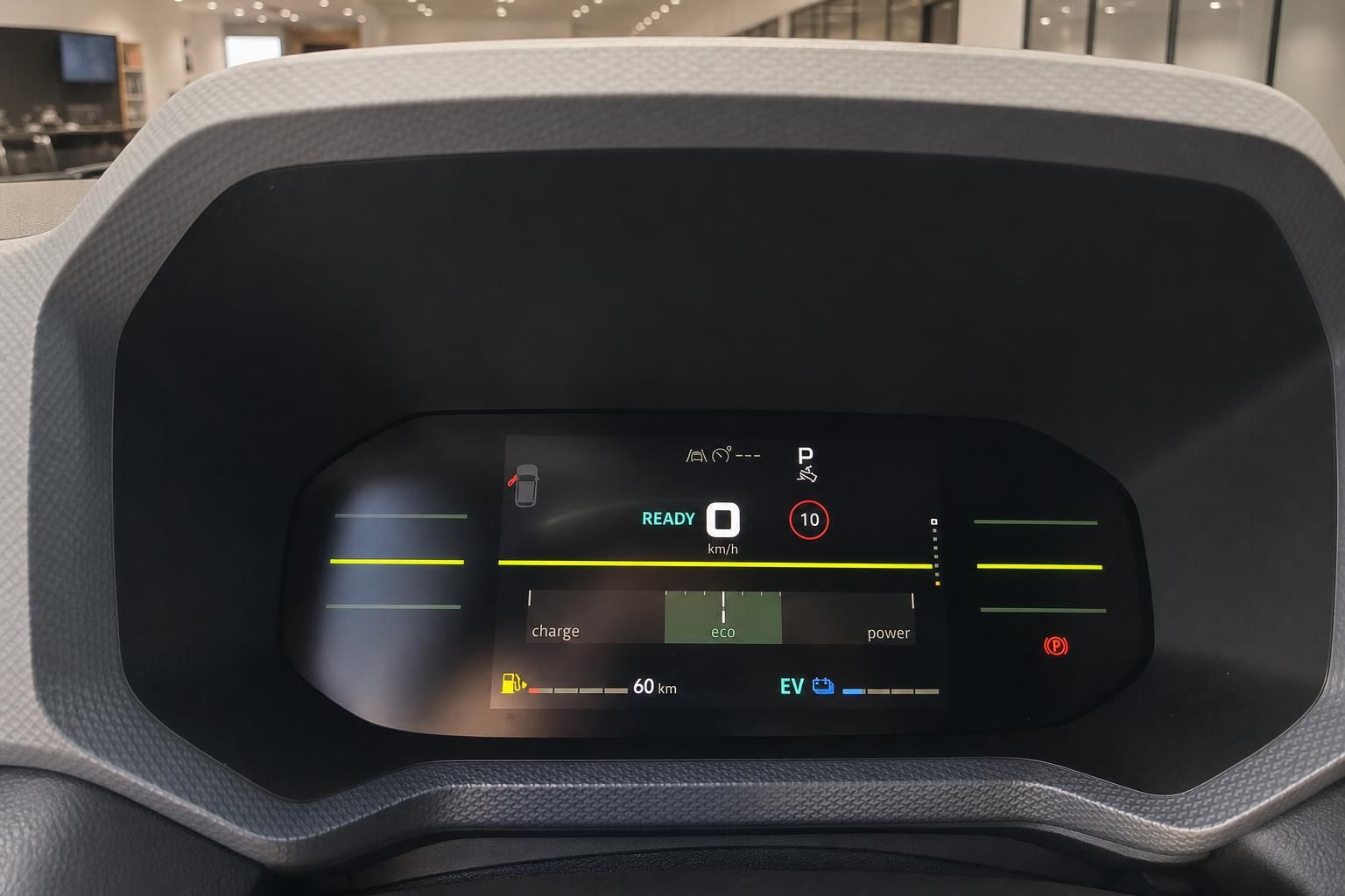 Digitales Kombiinstrument eines Elektrofahrzeugs mit EV-Anzeige, Eco-Modus und Reichweitenanzeige 60 km
