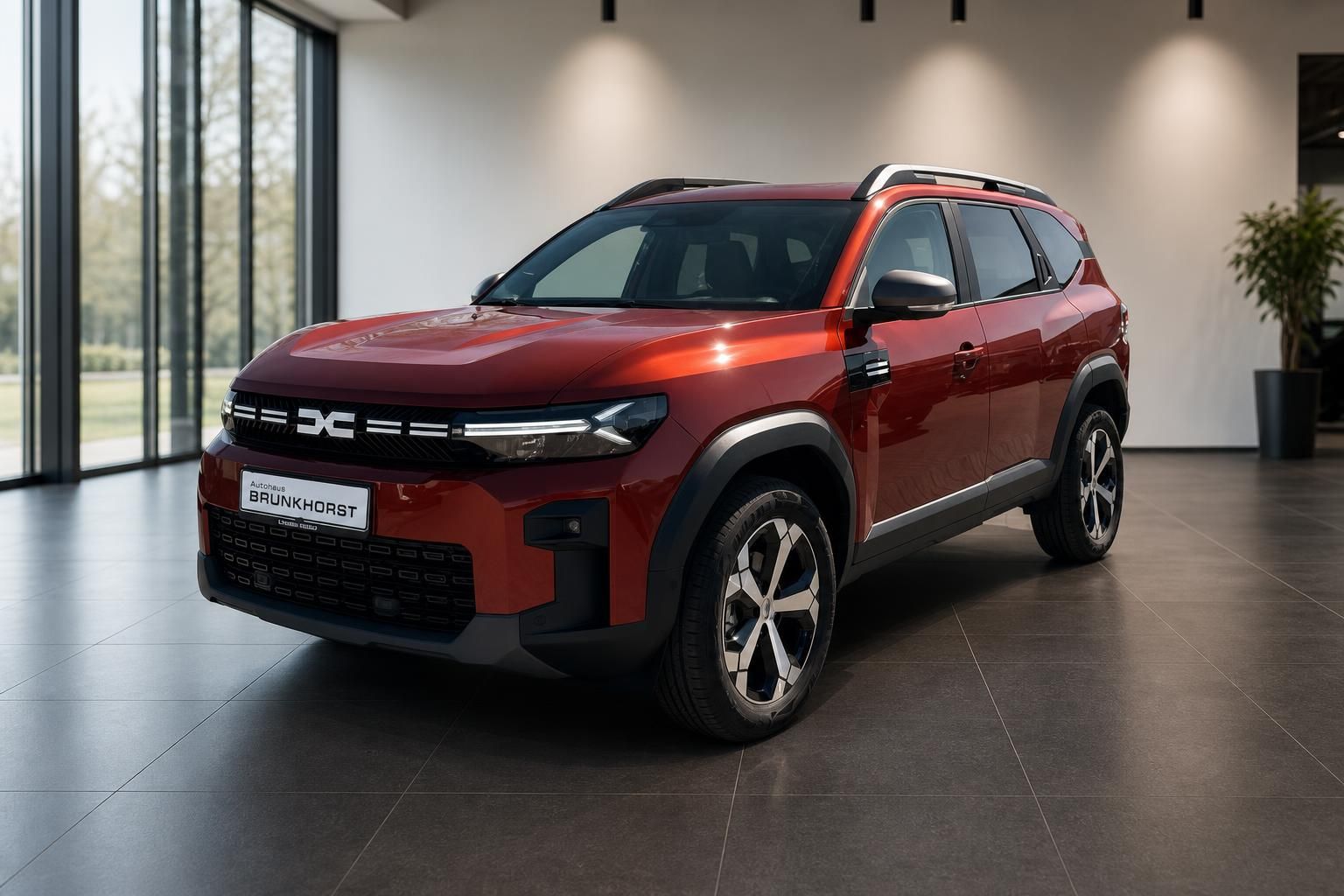 Dacia SUV in Orange - Frontansicht mit modernem Design und Allradoptik im Autohaus Brunkhorst