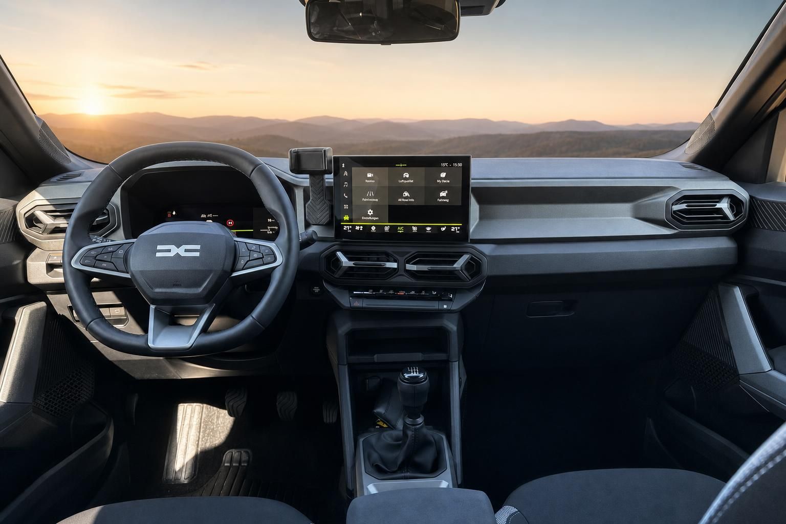 Dacia Cockpit mit Touchscreen, Schaltknauf und Panoramablick - ergonomisches Dashboard Design