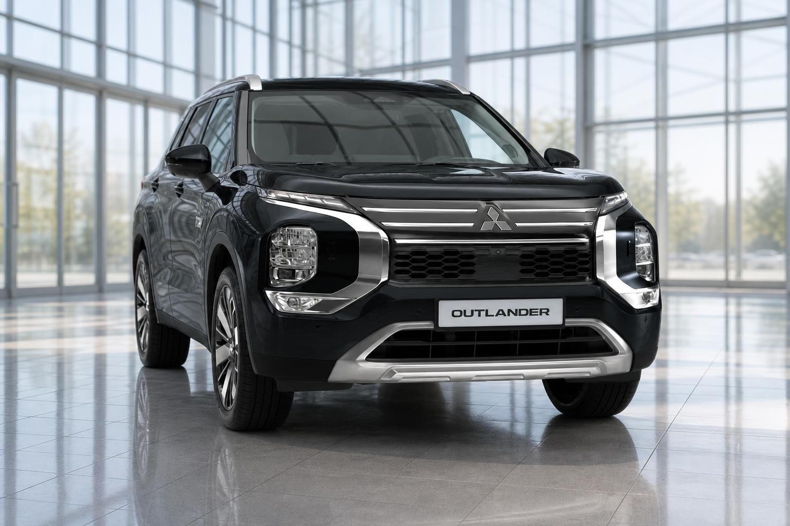 Mitsubishi Outlander schwarz Frontansicht im Autohaus