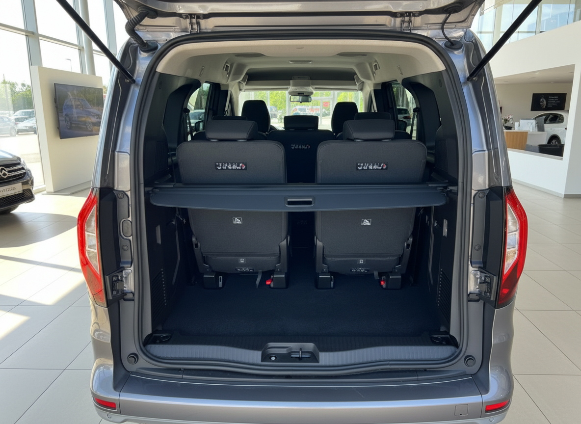 Mercedes-Benz Van Kofferraum geöffnet mit Sitzreihen im Autohaus