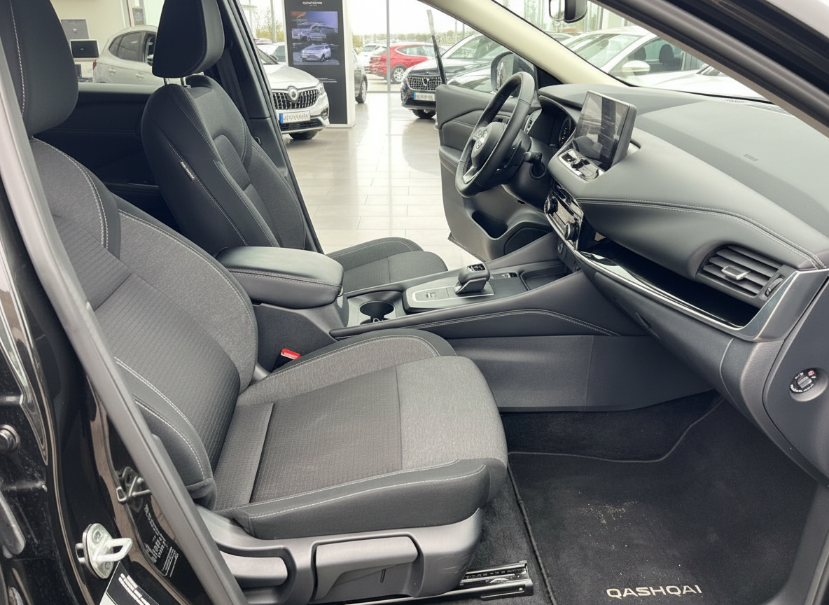 Nissan Qashqai Innenraum Beifahrerseite mit Stoffsitzen und Infotainment-Display im Autohaus