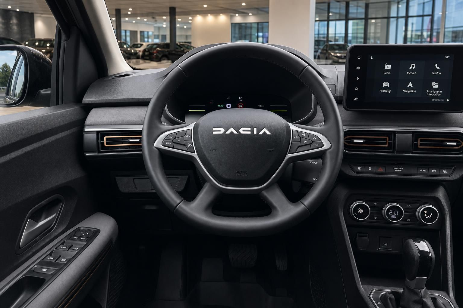 Dacia Cockpit mit Lenkrad, Instrumententafel und Touchscreen-Infotainmentsystem