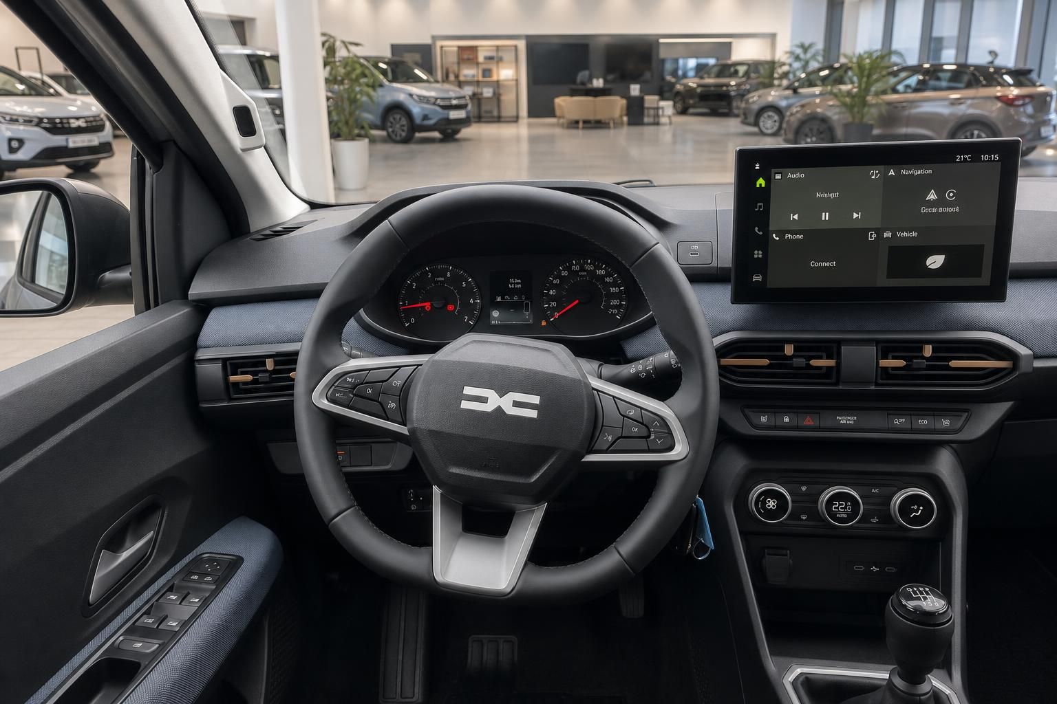 Dacia Cockpit mit Lenkrad, Tacho und Infotainment-Bildschirm im Autohaus