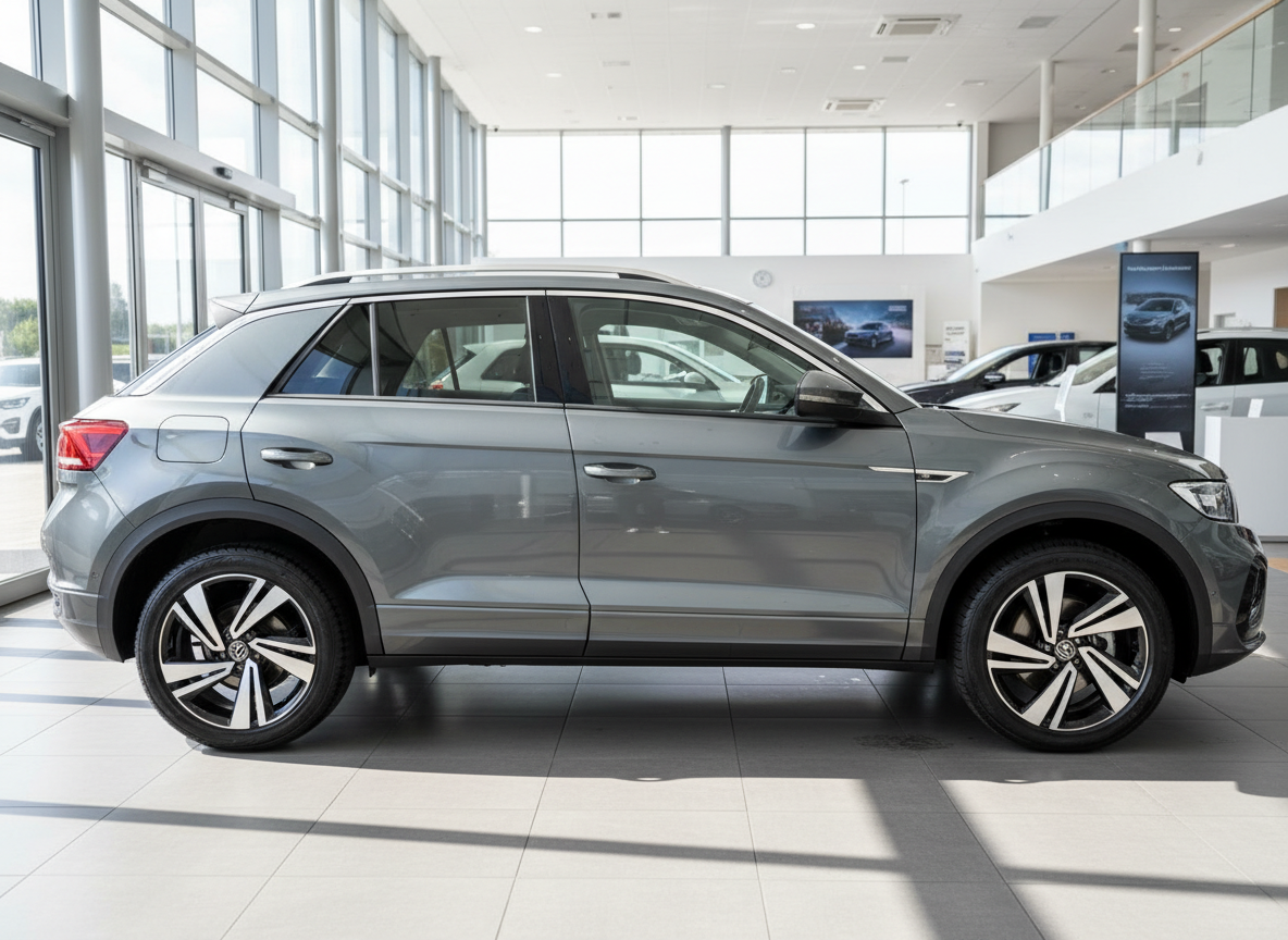 Volkswagen T-Roc SUV in Grau im Autohaus Ausstellungsraum – Seitenansicht