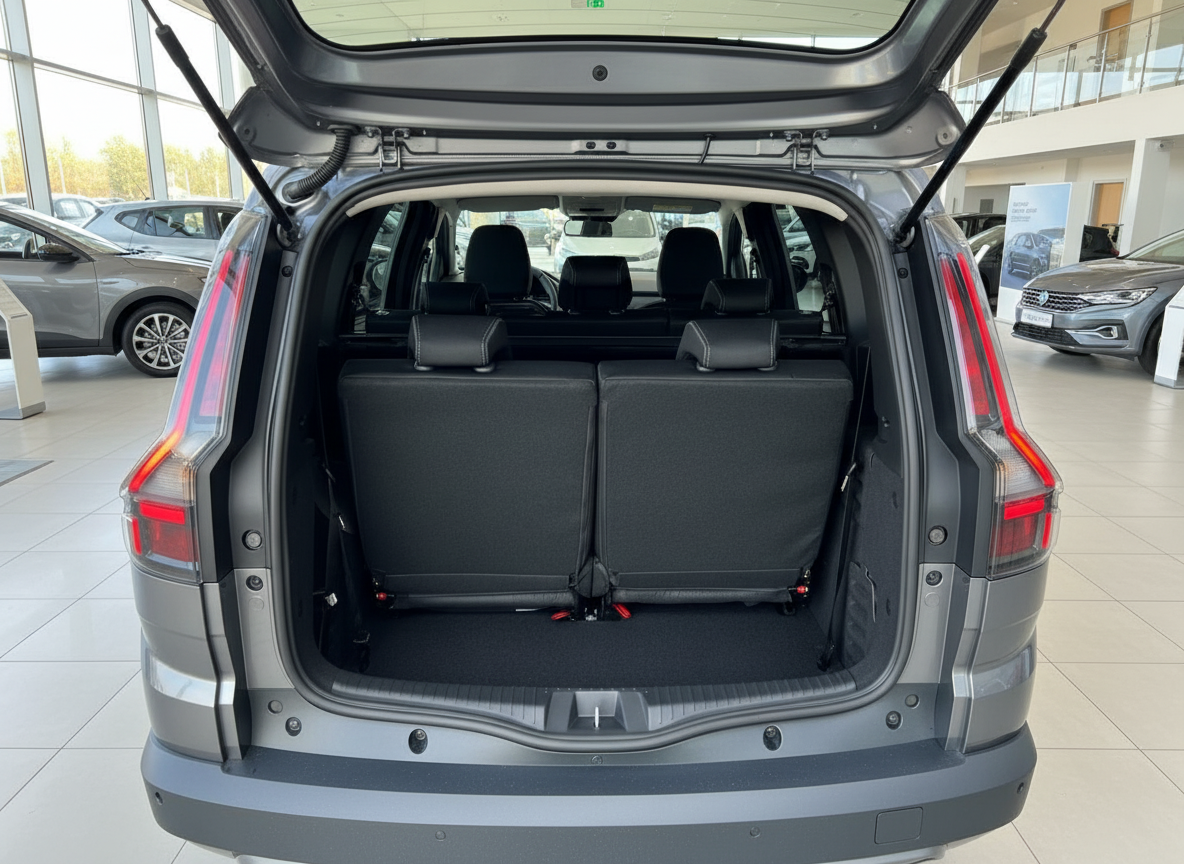 Grauer SUV Kofferraum geöffnet mit dritter Sitzreihe im Autohaus