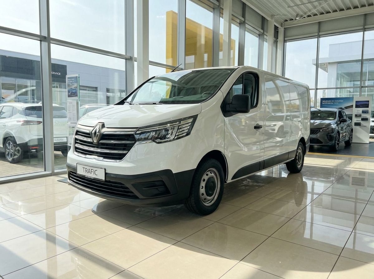 Renault Trafic Kastenwagen in Weiß im Autohaus-Showroom – Frontansicht