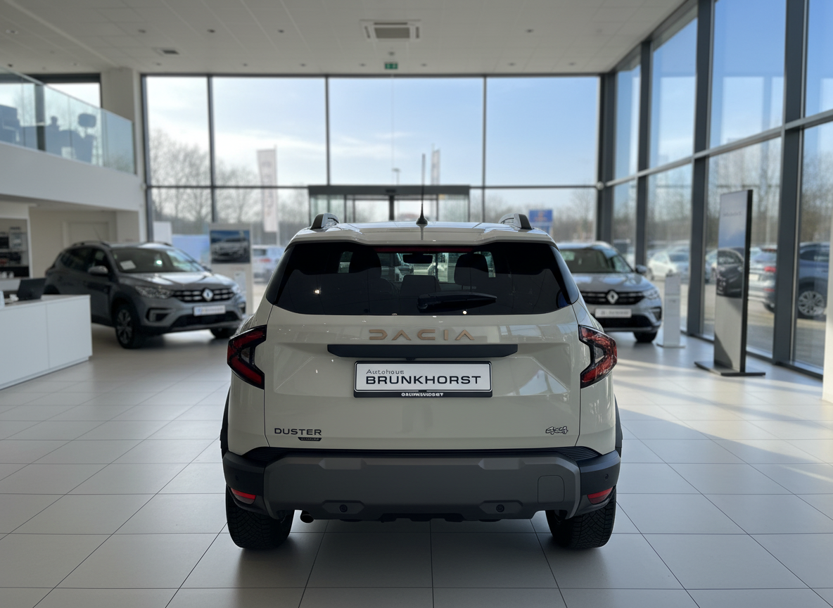 Dacia Duster Heckansicht in Weiß im Autohaus Brunkhorst Showroom