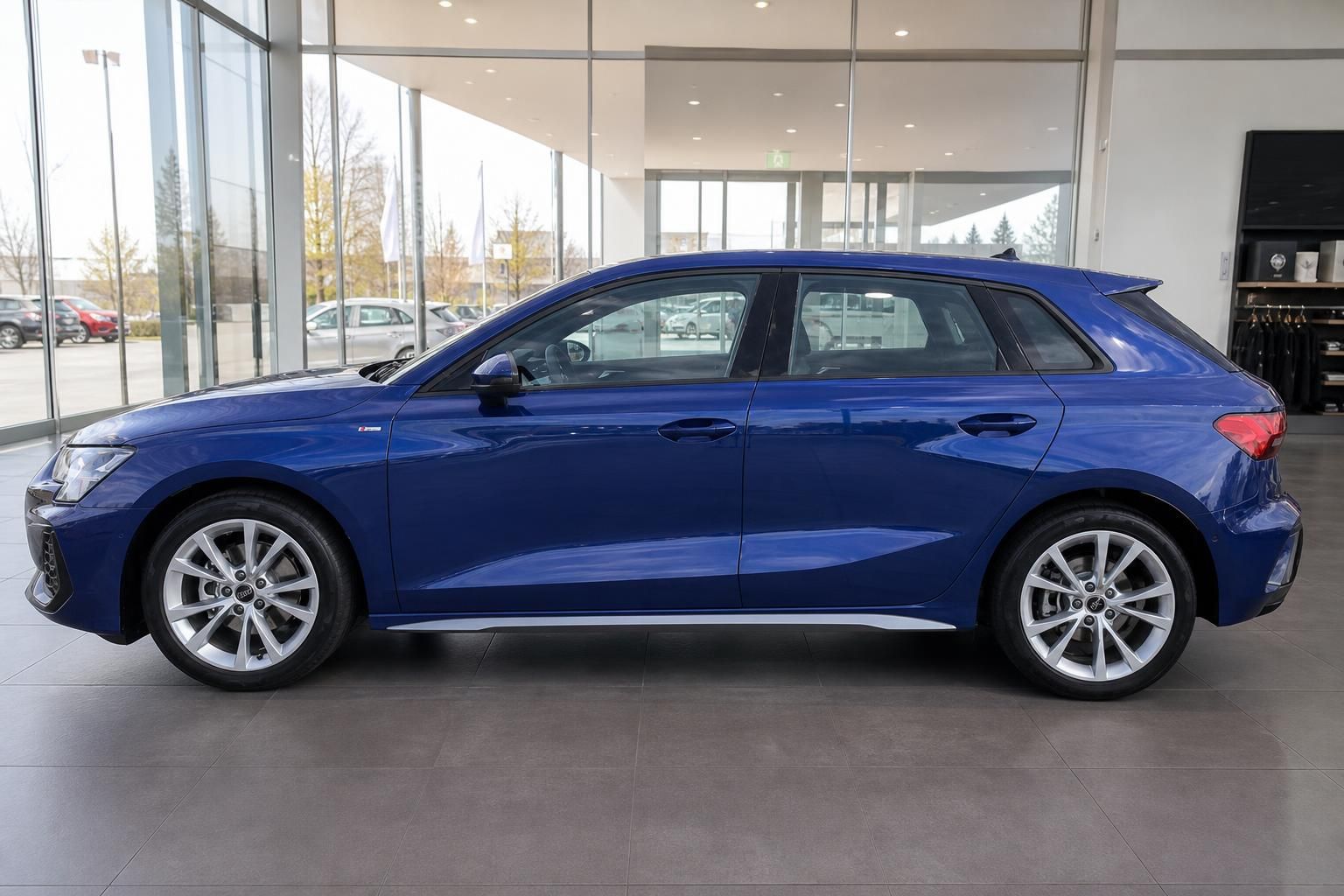 Audi A3 Sportback blau Seitenansicht links im Autohaus