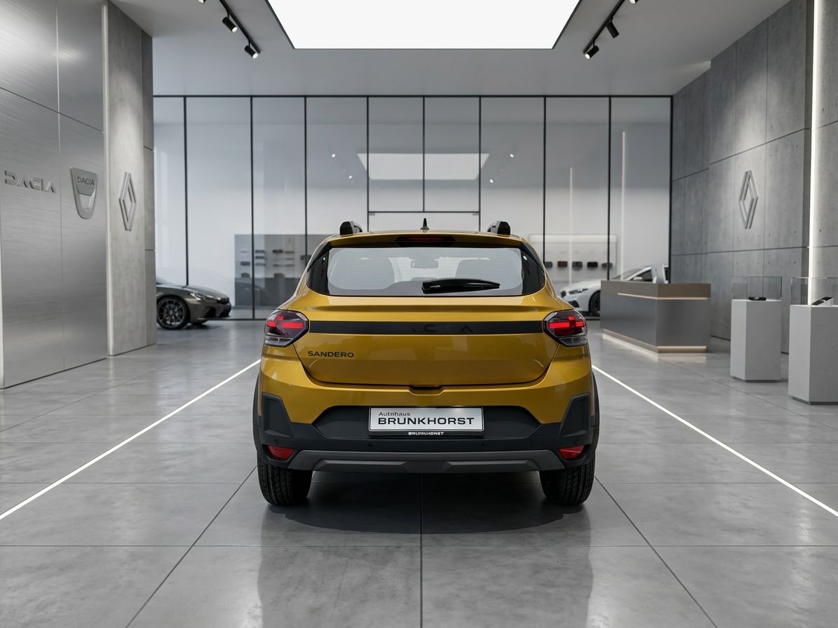 Dacia Sandero in Gold - Heckansicht im Autohaus mit Kennzeichen und Rückleuchten