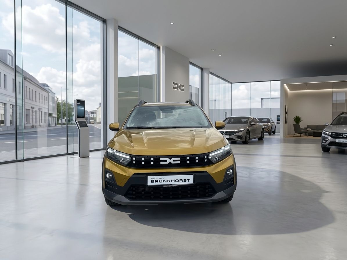 Goldener Dacia SUV von vorn im hellen Autohaus-Showroom mit großen Fenstern