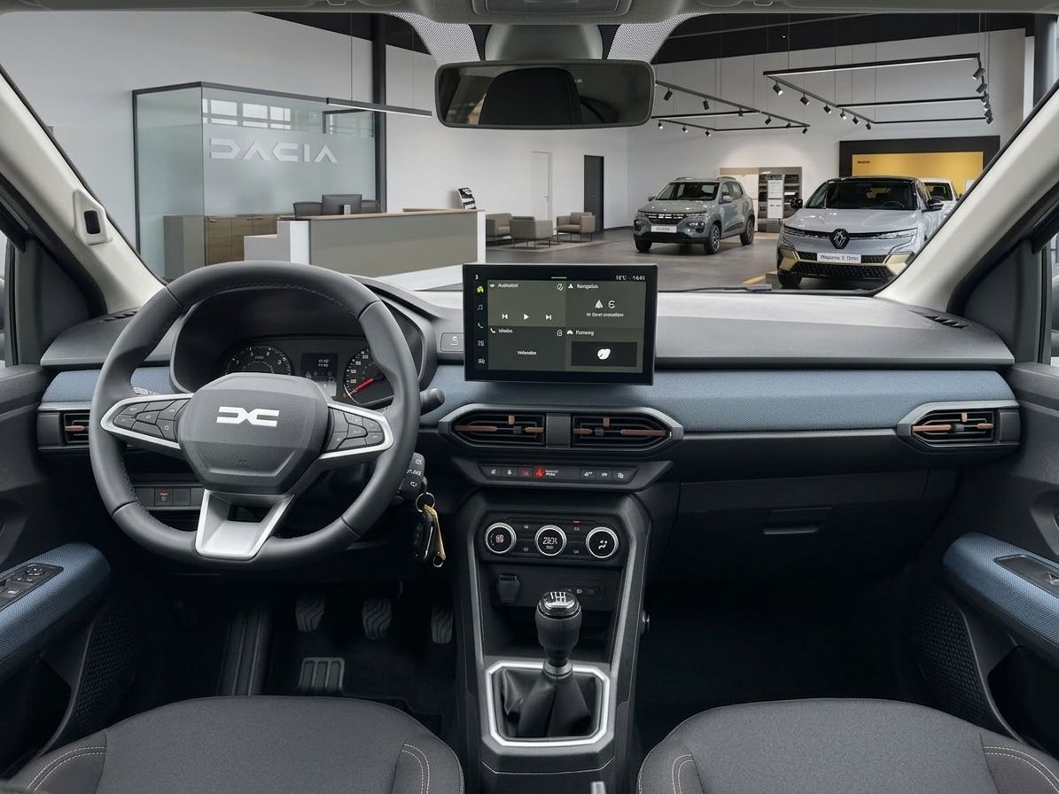 Dacia Innenraum mit Lenkrad, Touchscreen-Display und Blick auf Autohaus-Showroom
