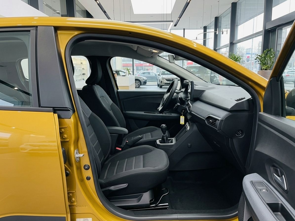 Gelber Dacia Innenraum mit schwarzen Ledersitzen und geöffneter Beifahrertür