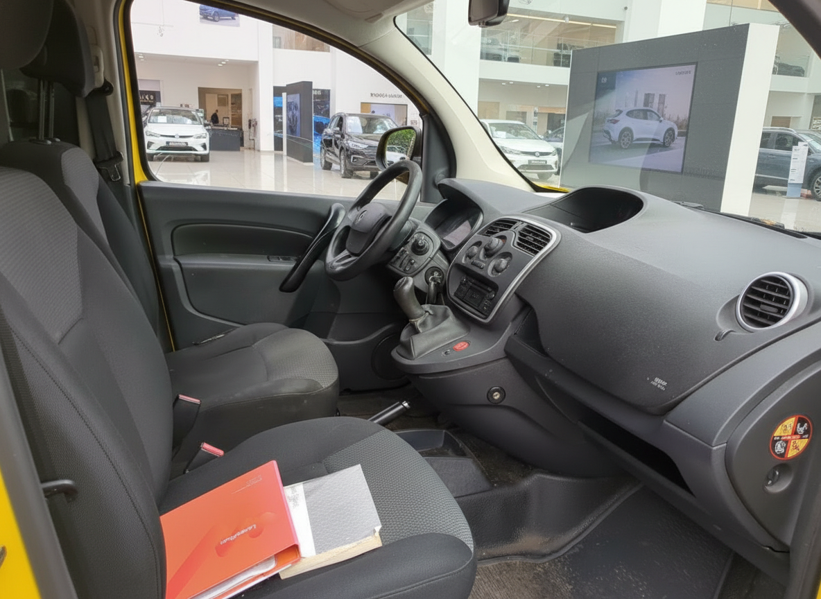 Renault Kangoo Innenraum mit Fahrersitz, Lenkrad und Schaltgetriebe in gelbem Fahrzeug