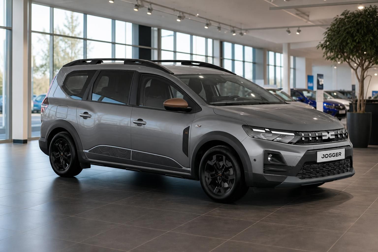 Dacia Jogger grau Frontansicht Seite im Autohaus Showroom