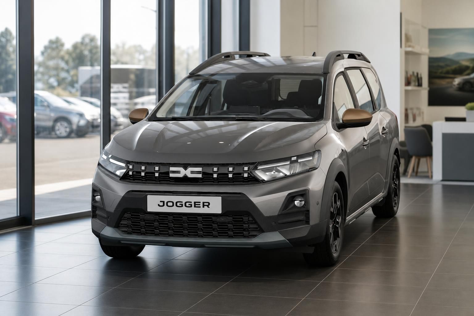 Dacia Jogger in Grau seitliche Frontansicht im Showroom