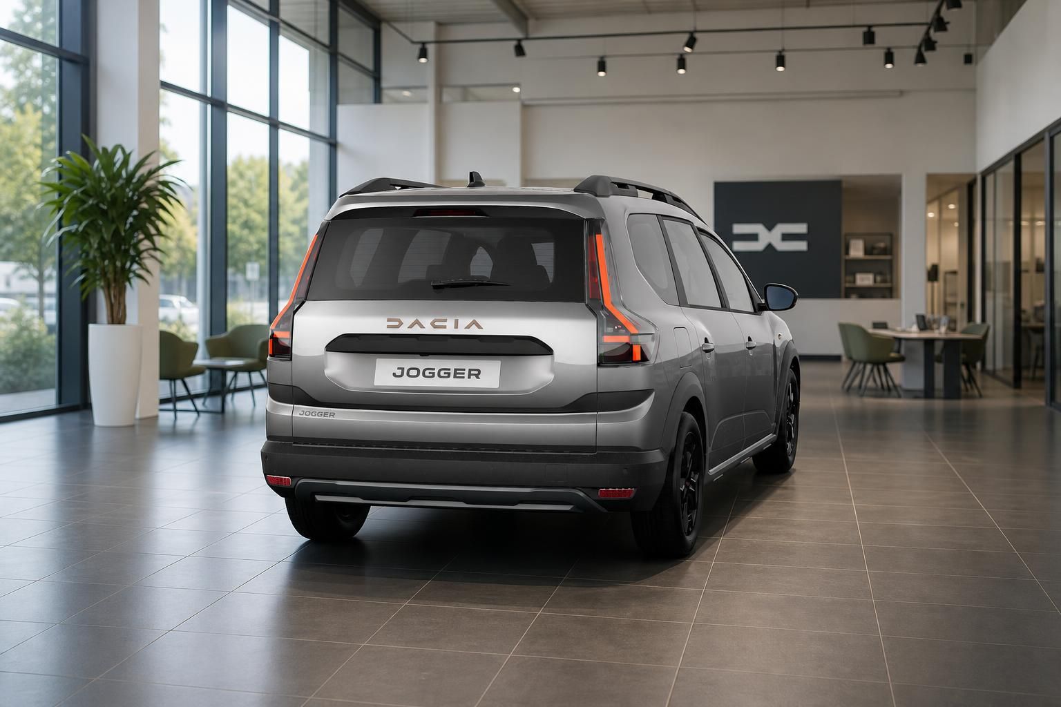 Dacia Jogger grau Heckansicht im modernen Autohaus Showroom