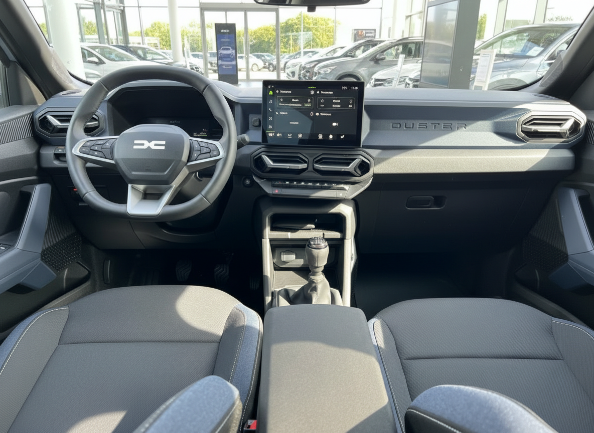 Dacia Duster Innenraum mit Touchscreen, Lenkrad und Schaltgetriebe in grauem Design