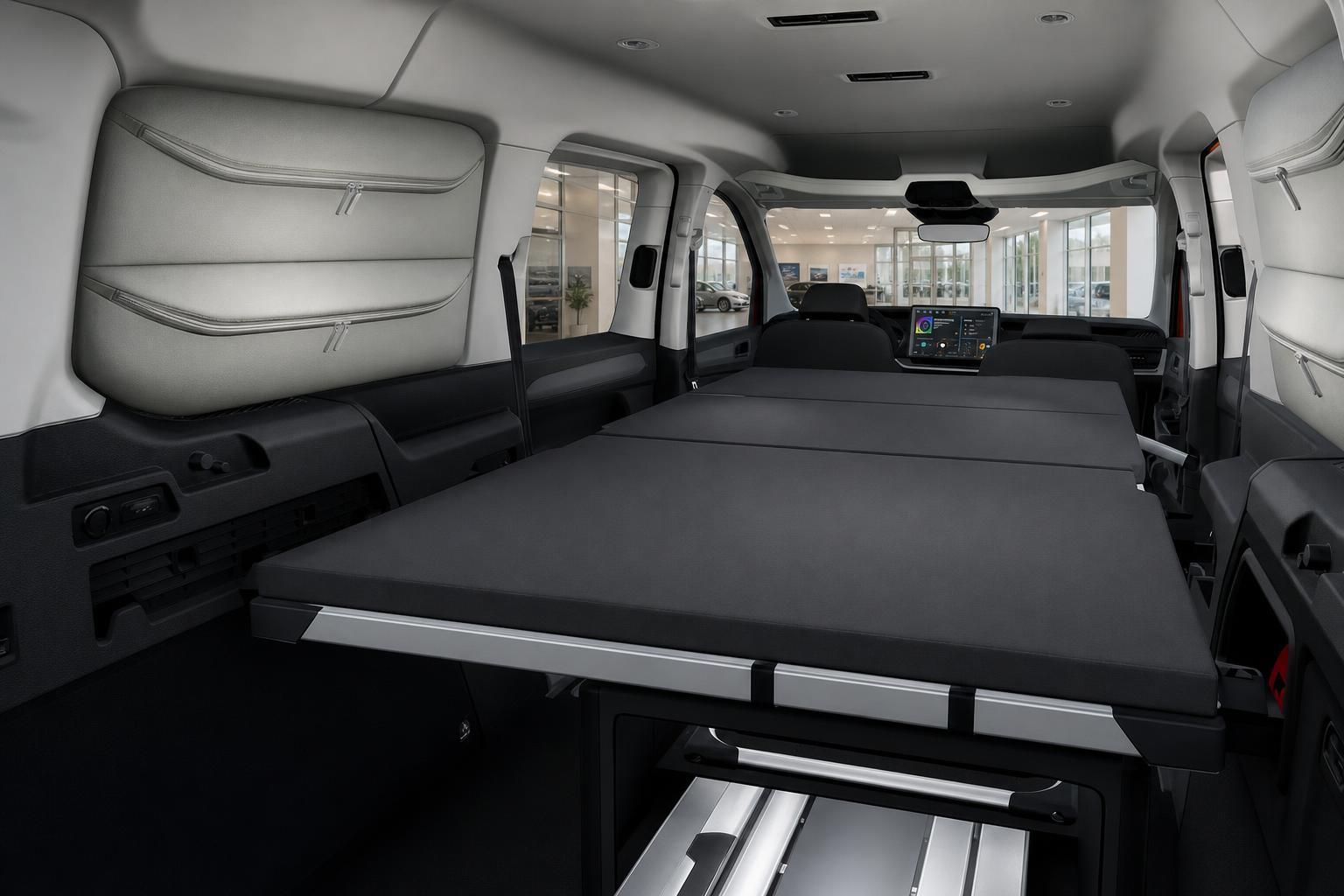 VW Caddy Innenraum mit ausgeklapptem Schlafsystem und Camping-Ausbau