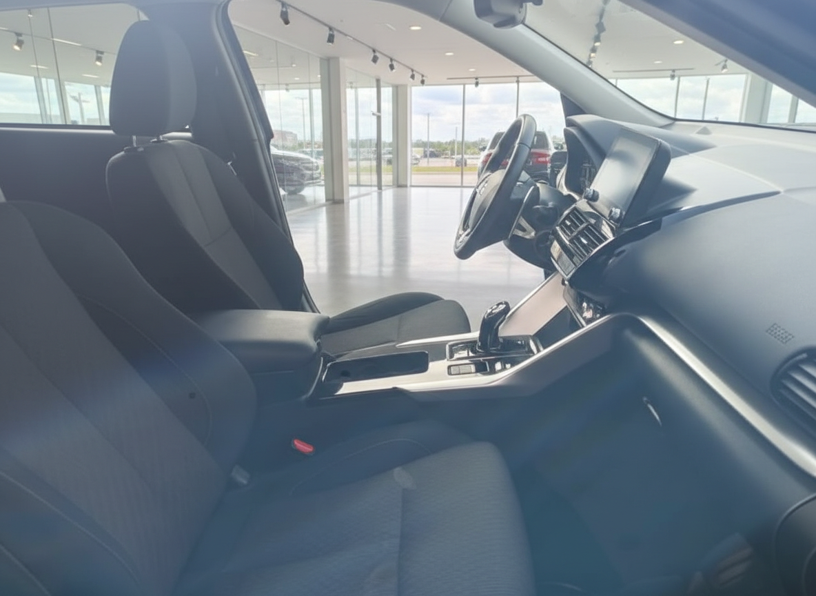 Fahrzeug Innenraum mit schwarzen Stoffsitzen, Mittelkonsole und Lenkrad im Autohaus