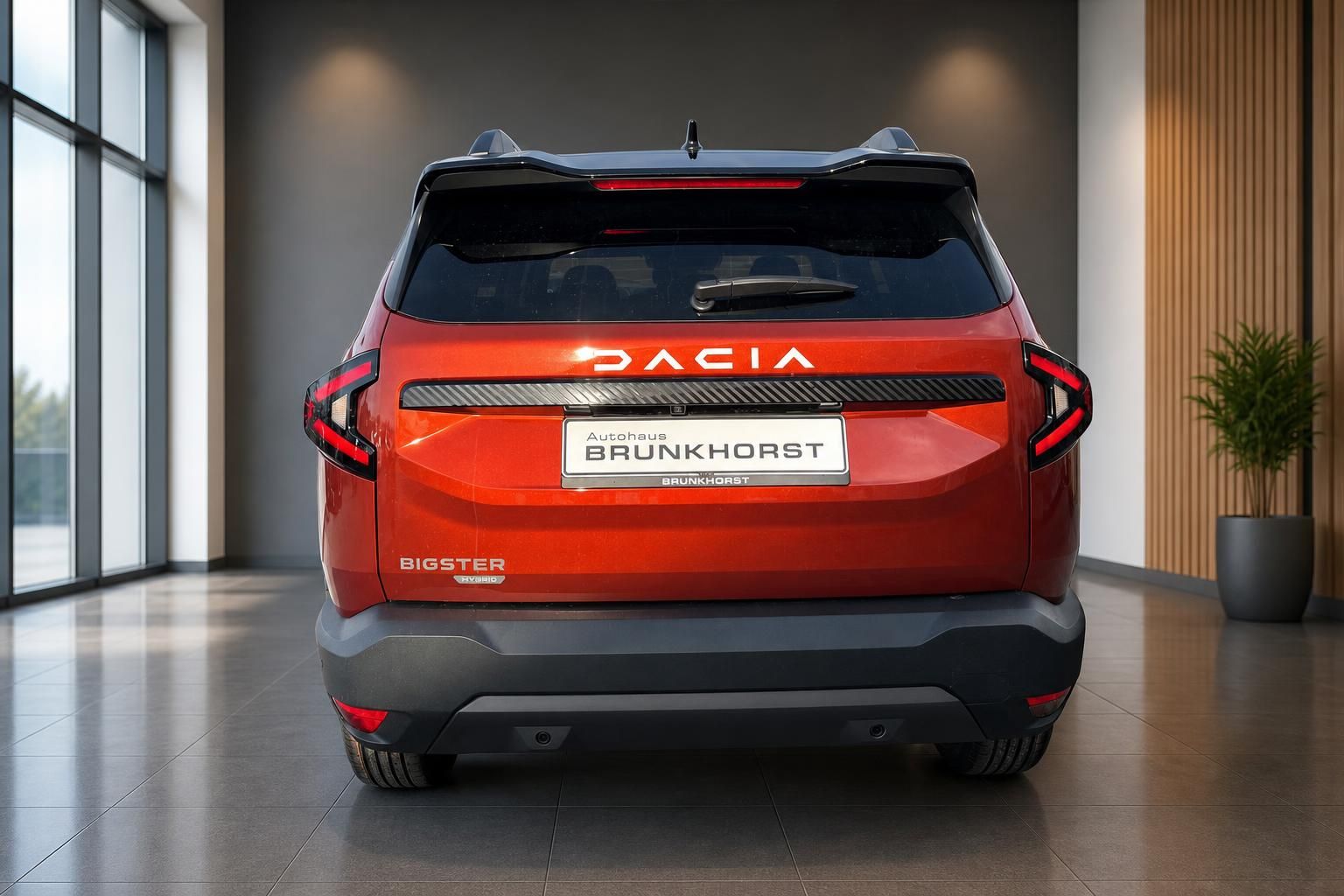 Dacia Bigster Heckansicht in rot mit schwarzem Dach - LED-Rückleuchten und moderne Optik