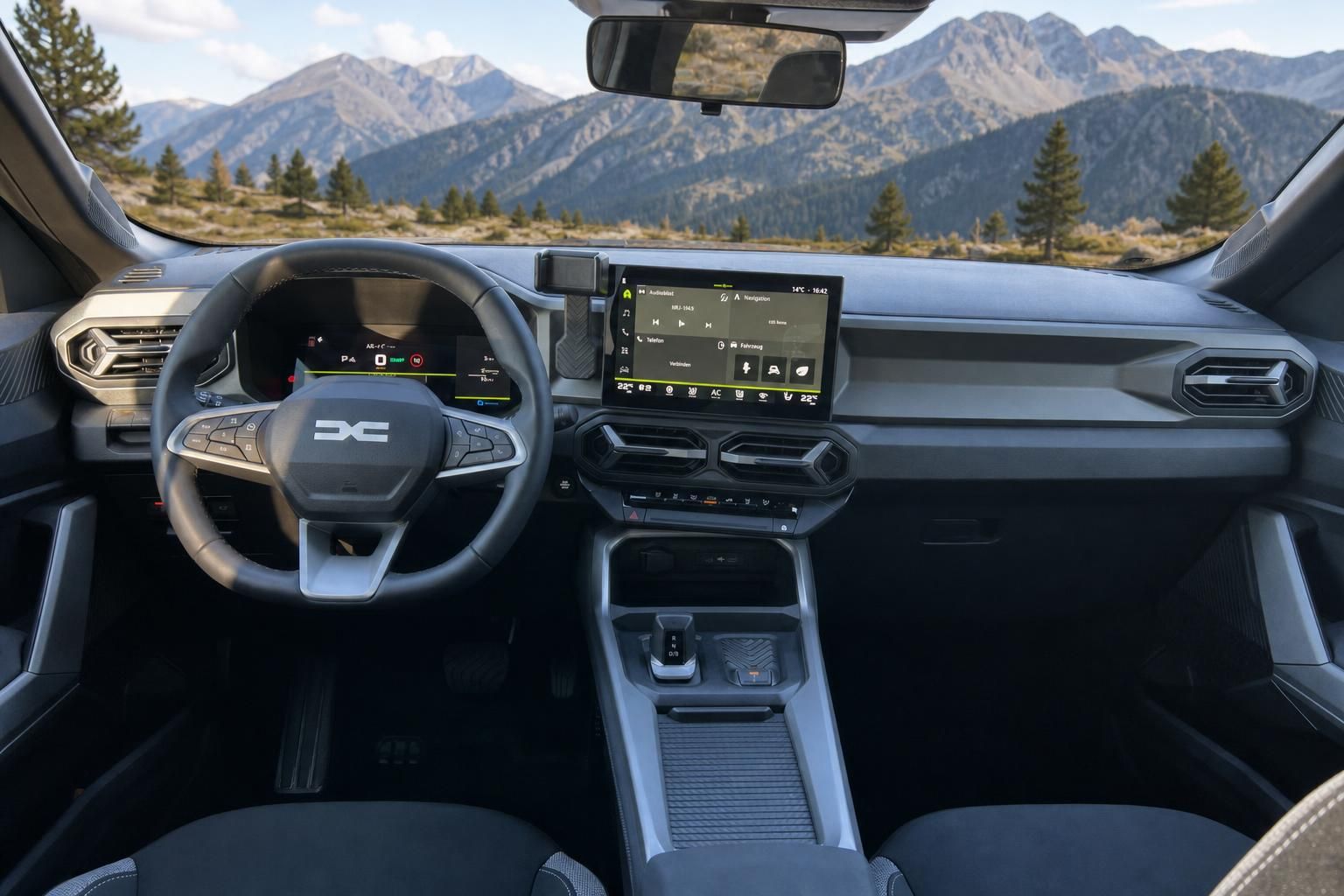 Dacia SUV Armaturenbrett mit Bergpanorama - digitales Display und Infotainment-System