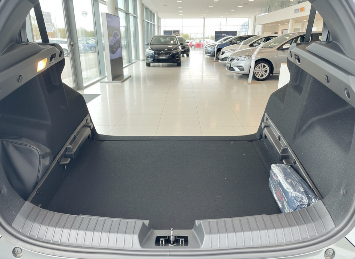 Geöffneter Kofferraum eines SUV in einem Autohaus mit Blick auf den Ausstellungsraum