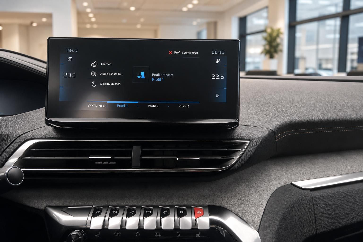 Peugeot Touchscreen Infotainment mit Klimaanzeige und Profileinstellungen