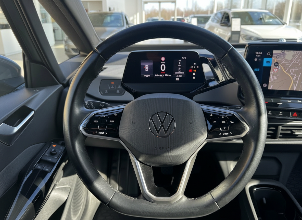 Volkswagen Innenraum mit Lenkrad, Digitaltacho und Infotainment-Display