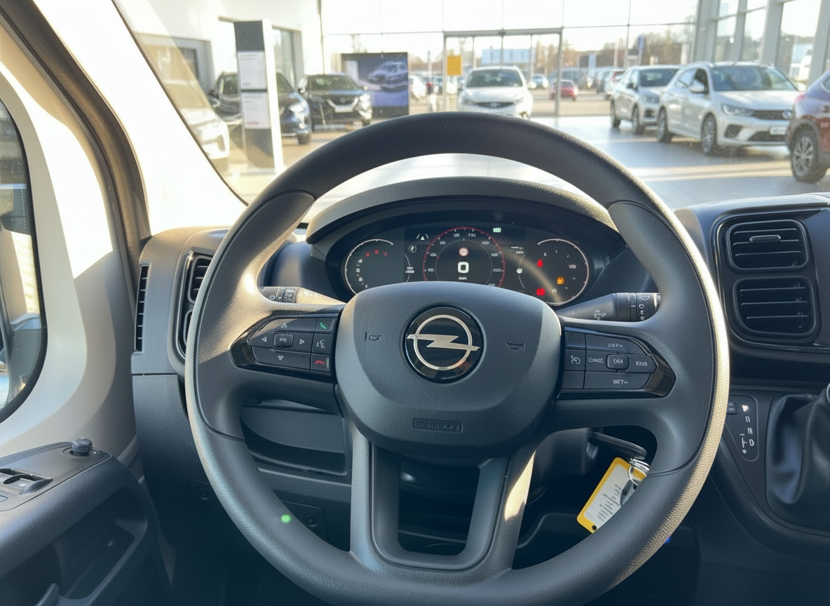 Opel Movano Innenraum mit Lenkrad und digitalem Kombiinstrument im Autohaus