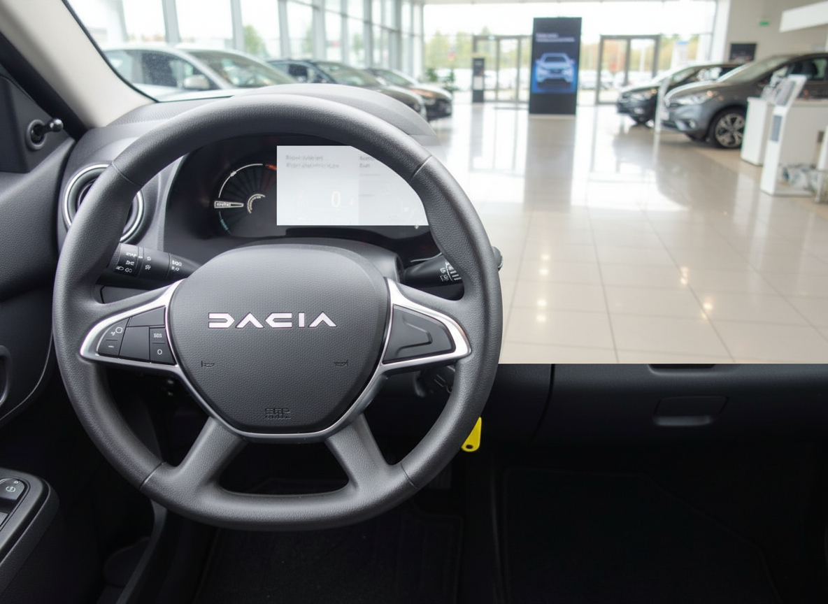 Dacia Innenraum mit Lenkrad und Digitaldisplay im Autohaus