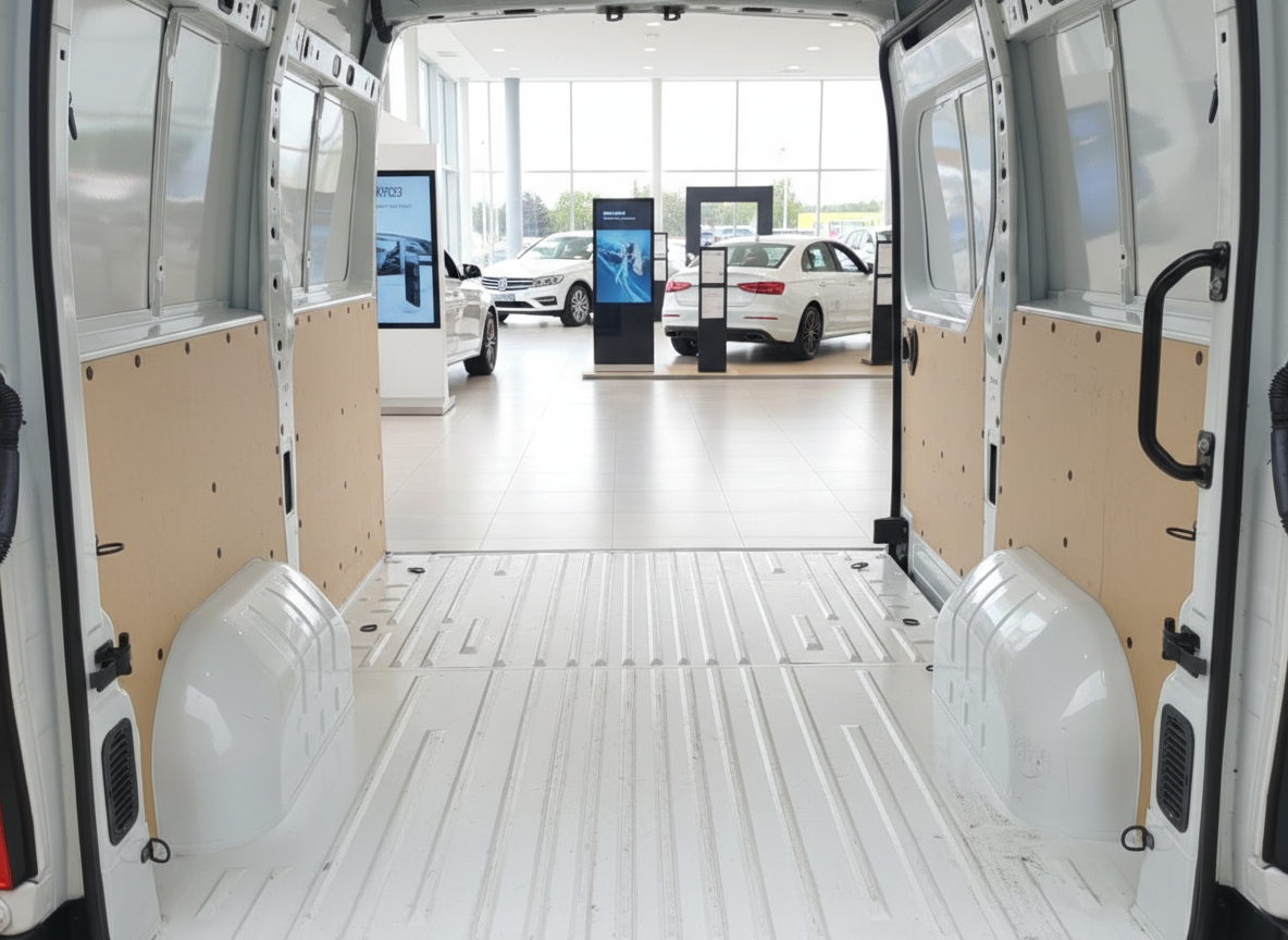 Laderaum eines weißen Kastenwagens mit Holzverkleidung in einem Autohaus